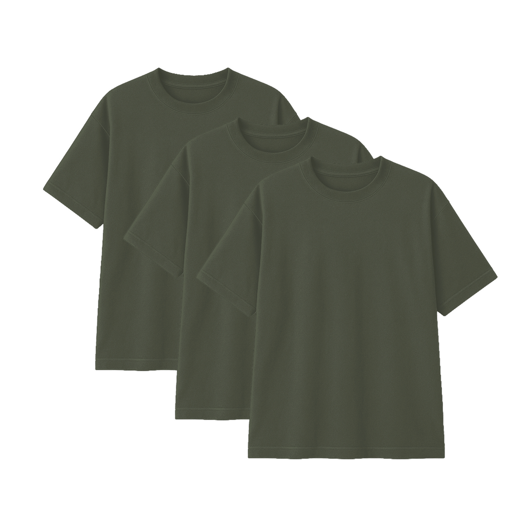 Pack 3 Polos Oversize Color Verde Militar 100% Algodon
